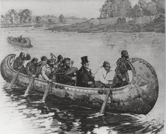 David Thompson traveling by canoe with voyageurs