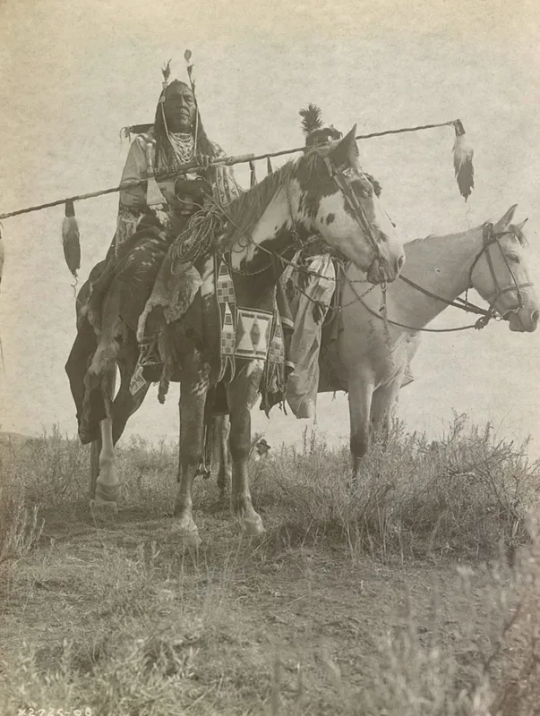Mounted tribal leader, Edward Curtis-style portrait