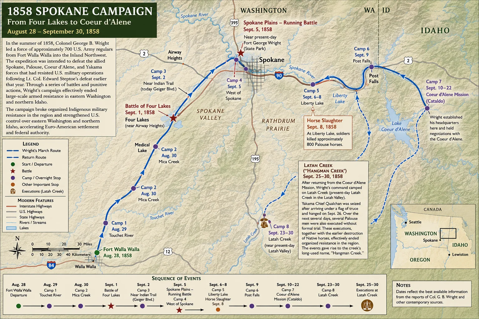 Map of the 1858 Spokane Campaign, from Four Lakes to Coeur d'Alene, August 28 – September 30, 1858